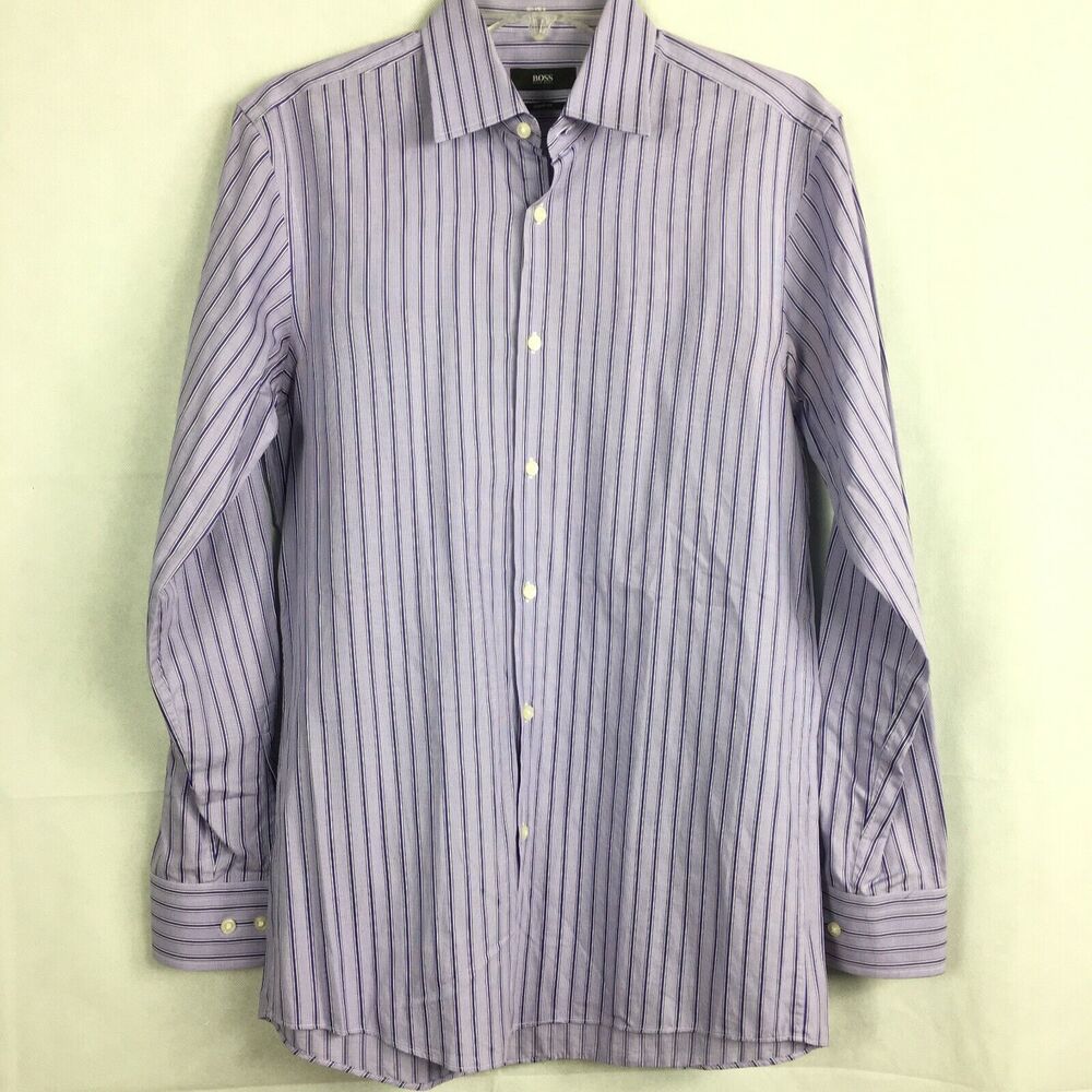 Hugo Boss Shirt Mens Sz 15 32 33 Purple Striped Sharp Fit Long Sleeve Button Up
